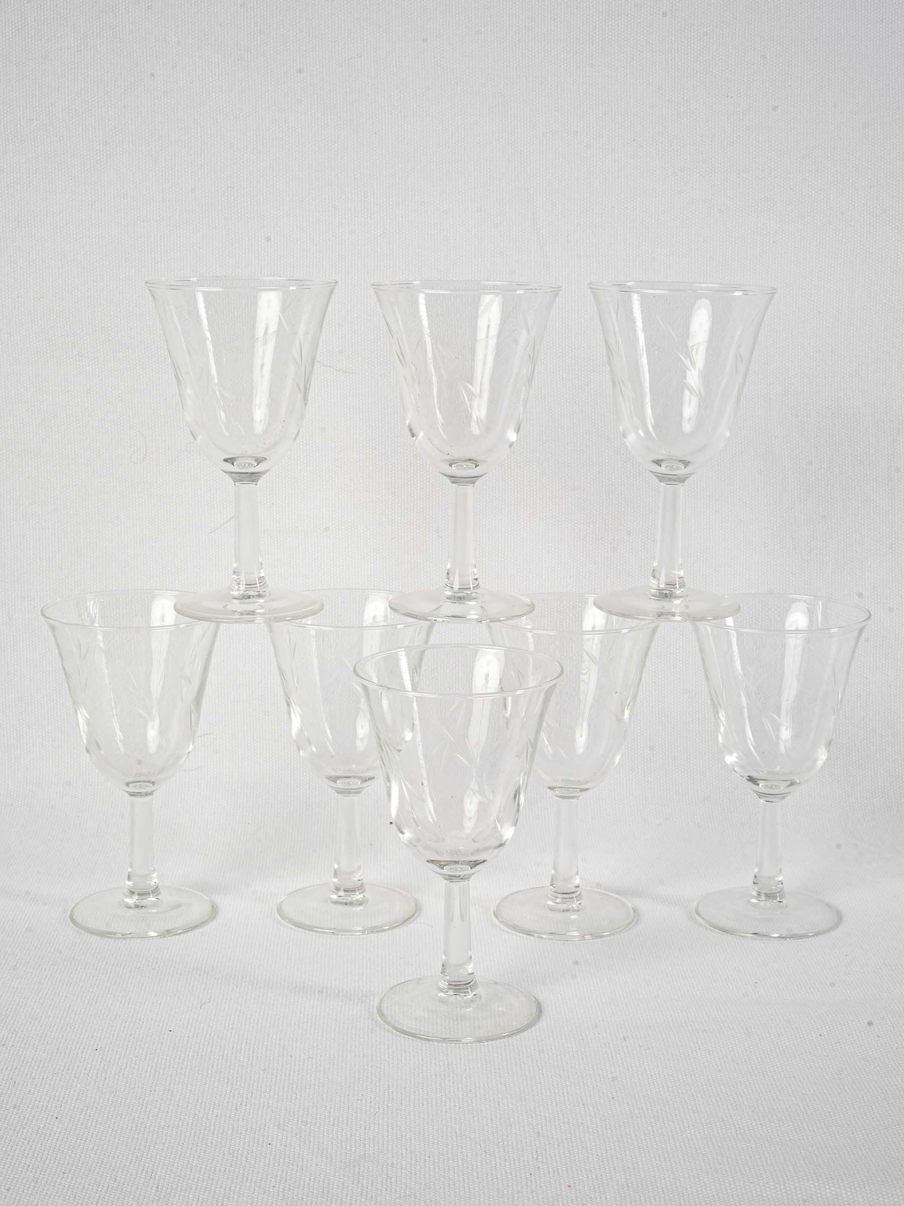 Set of Eight Mid-Century Wine Glasses with Delicate Engraved Sprigs - 5"