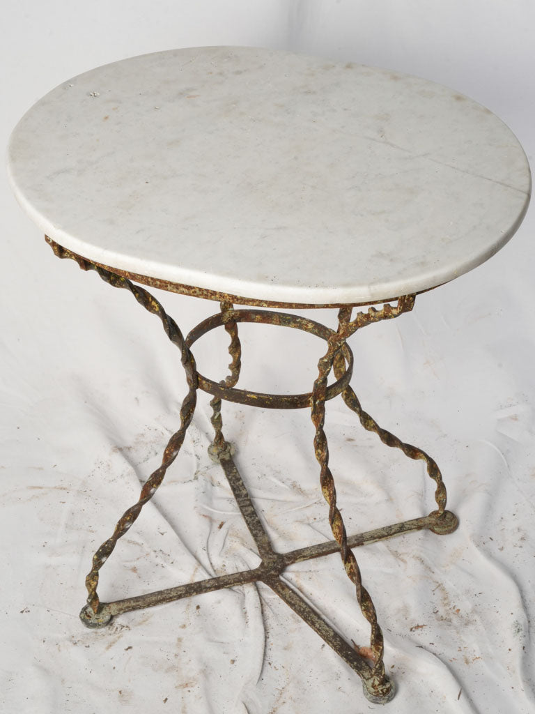 Late 19th Century French Wrought Iron Garden Guéridon w/ Twisted Legs and White Marble Top - 28¾"