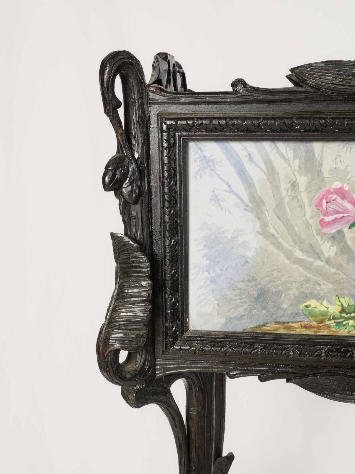 Antique French Jardinière w/ Sculpted Ebonized Wood Frame and Hand-Painted Ceramic Panels - 39½" x 32¾"
