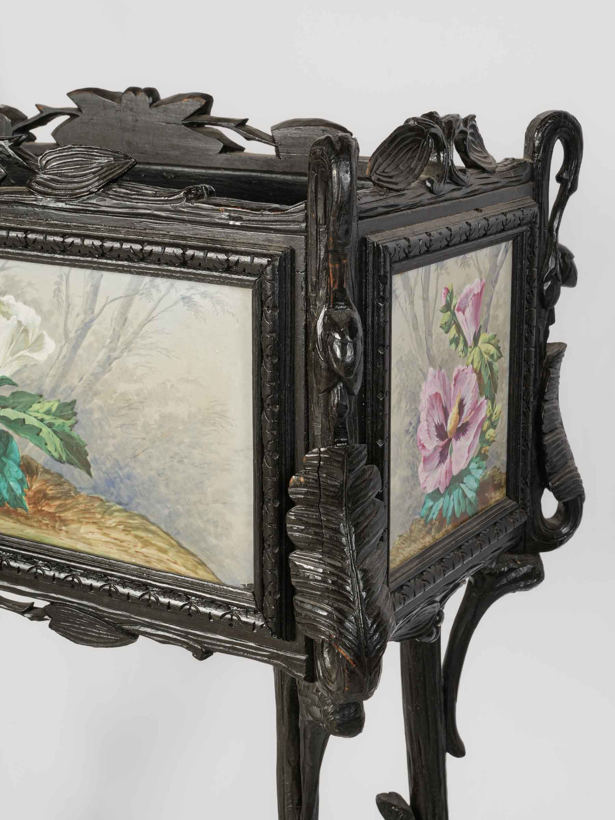 Antique French Jardinière w/ Sculpted Ebonized Wood Frame and Hand-Painted Ceramic Panels - 39½" x 32¾"