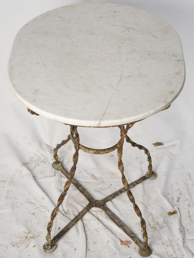 Late 19th Century French Wrought Iron Garden Guéridon w/ Twisted Legs and White Marble Top - 28¾"