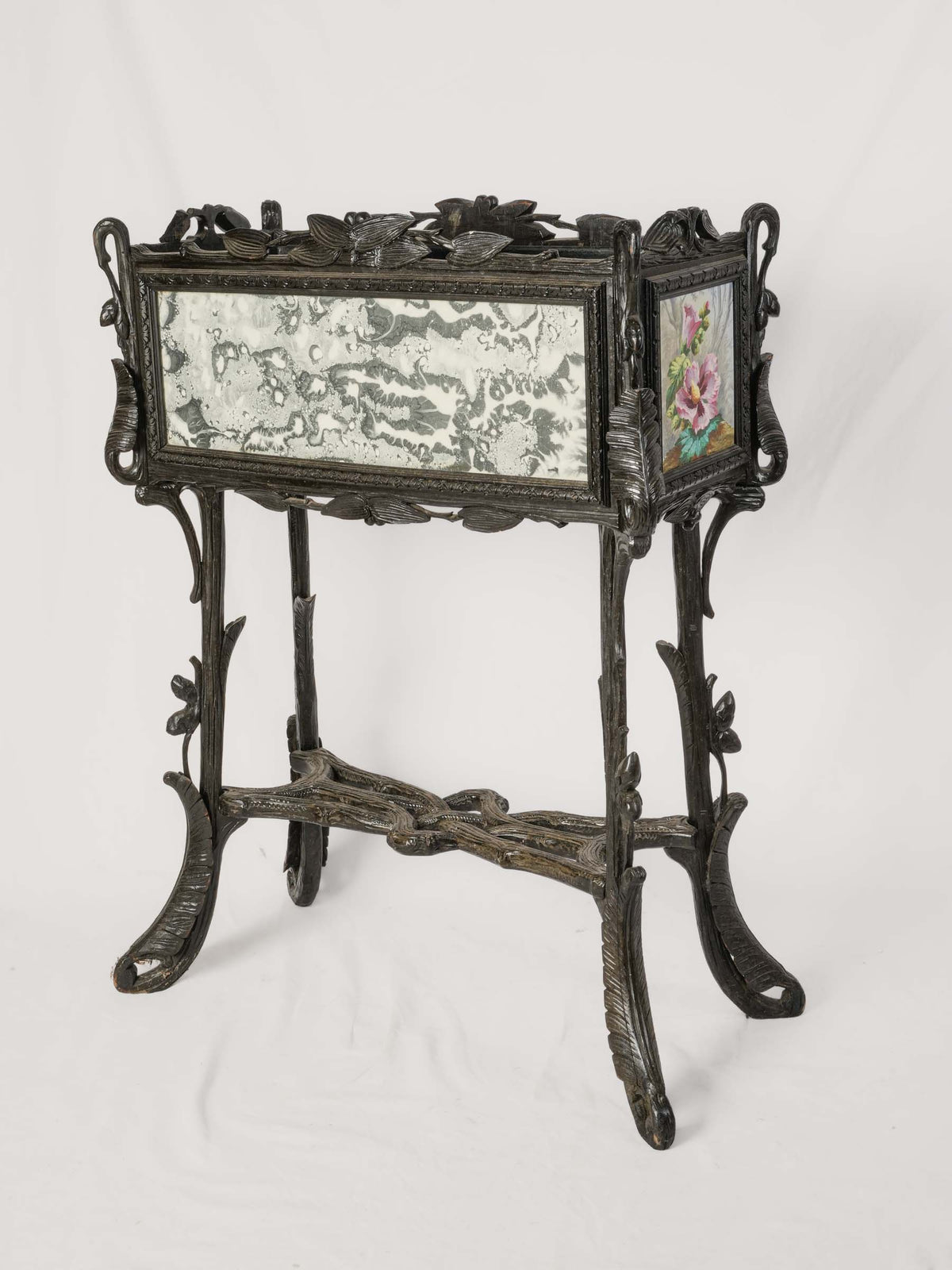Antique French Jardinière w/ Sculpted Ebonized Wood Frame and Hand-Painted Ceramic Panels - 39½" x 32¾"