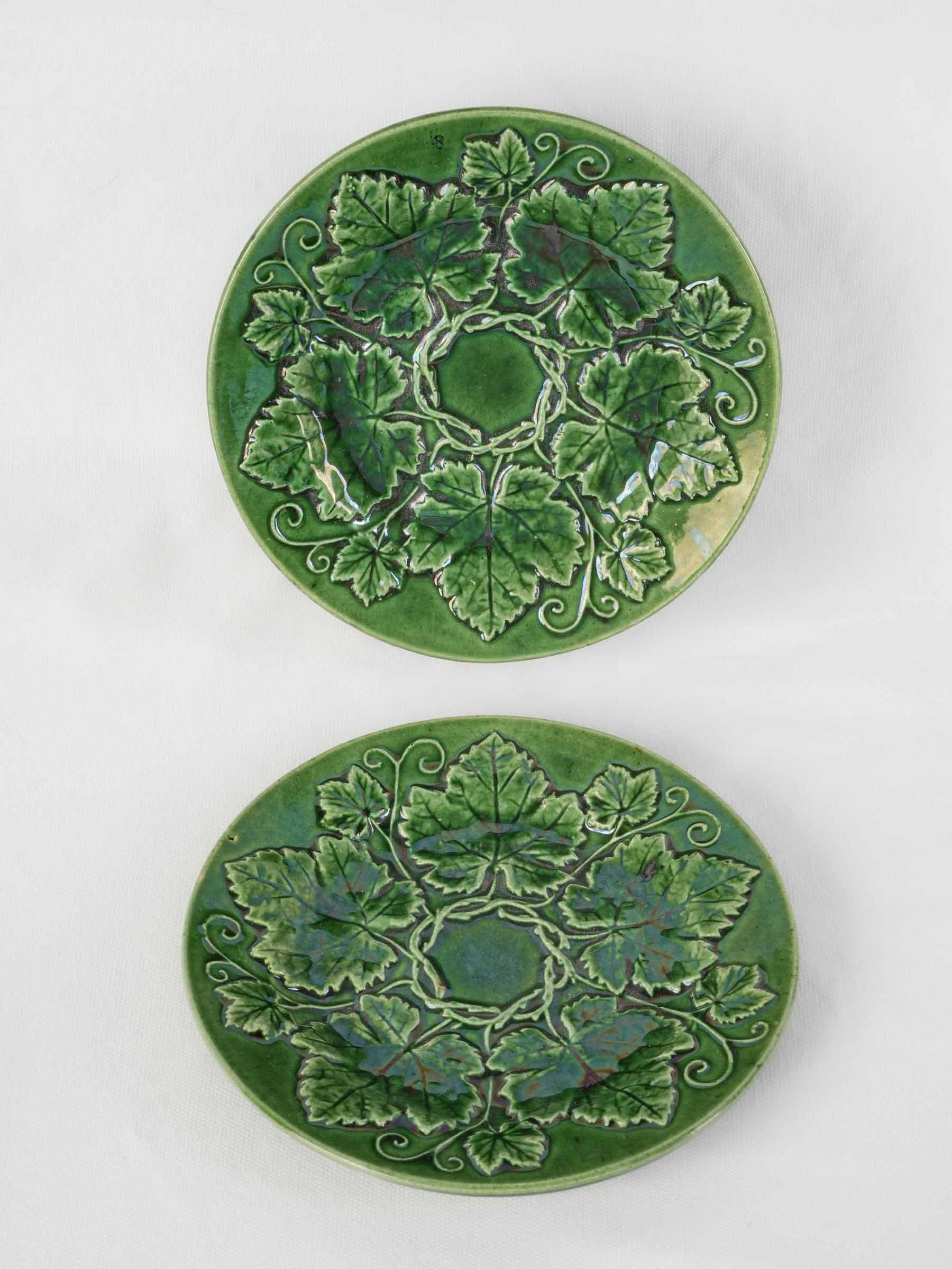 Pair of Antique Provençal Majolica Plates in Rich Green Glaze w/ Grapevine Relief - 8¼"