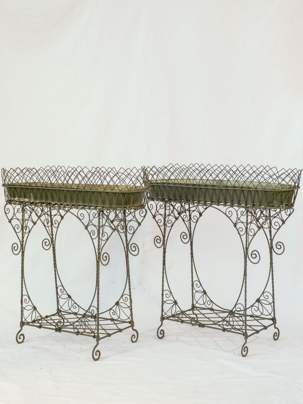 Antique French green wirework plant stands