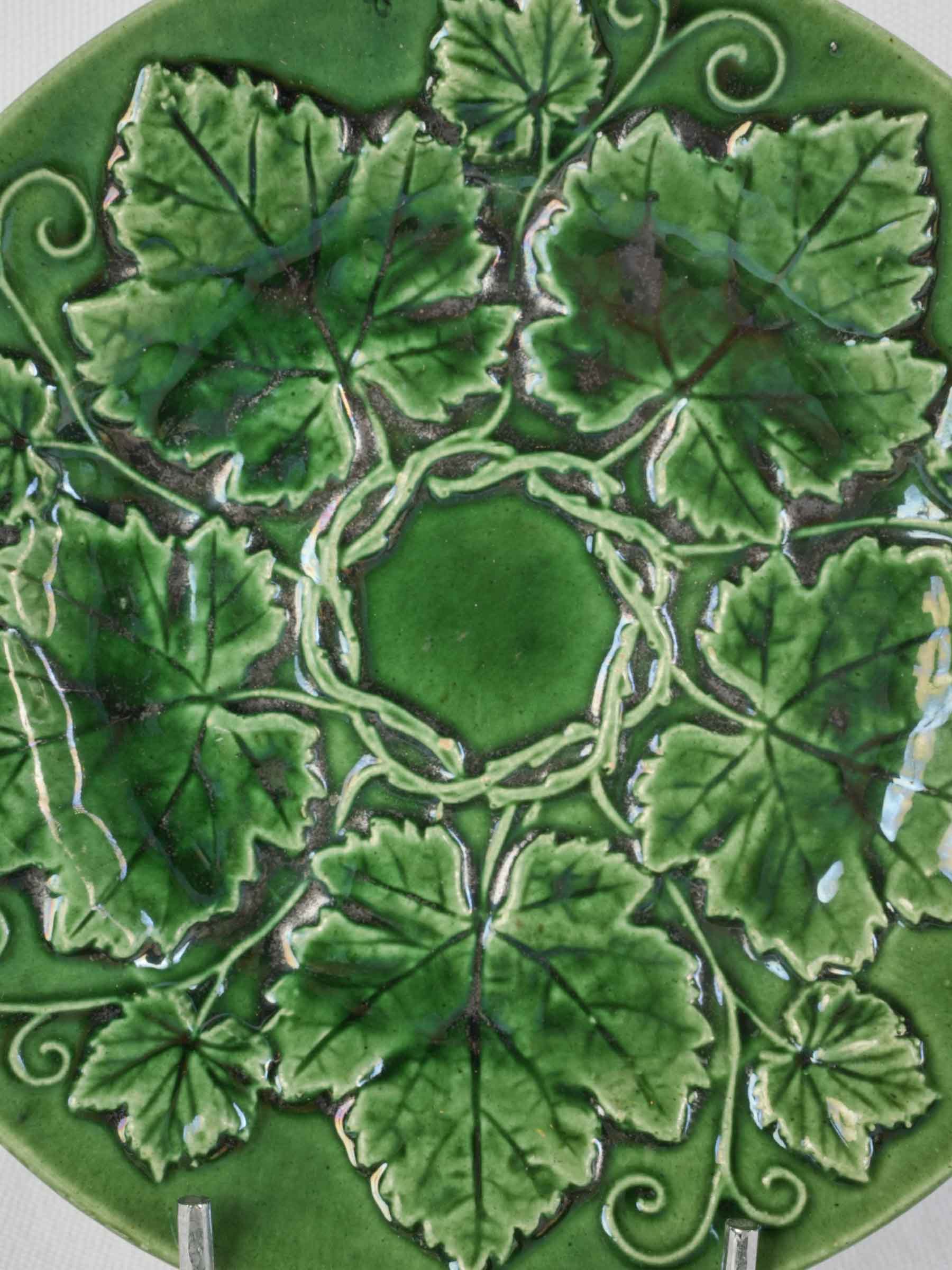 Pair of Antique Provençal Majolica Plates in Rich Green Glaze w/ Grapevine Relief - 8¼"