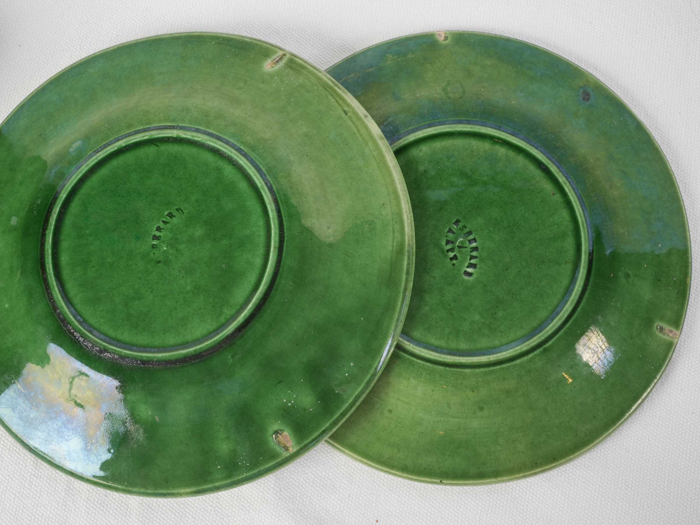 Pair of Antique Provençal Majolica Plates in Rich Green Glaze w/ Grapevine Relief - 8¼"