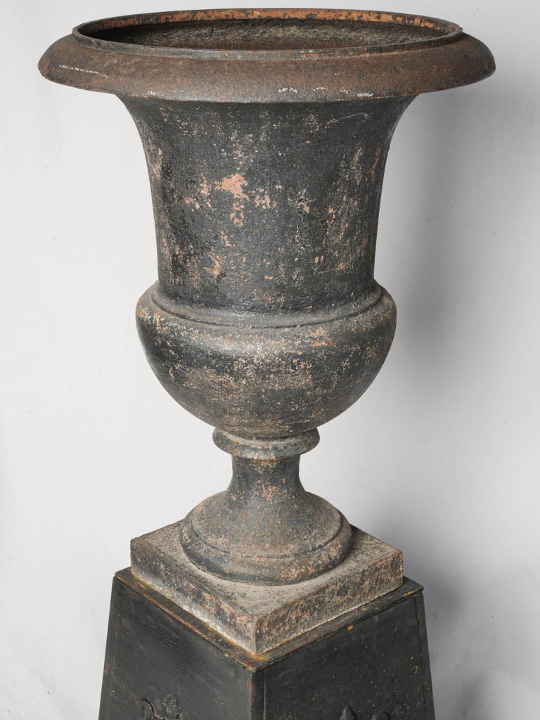 Striking Pair of Early 19th Century Cast Iron Médicis Urns on Bases w/ Black Finish - 39½"