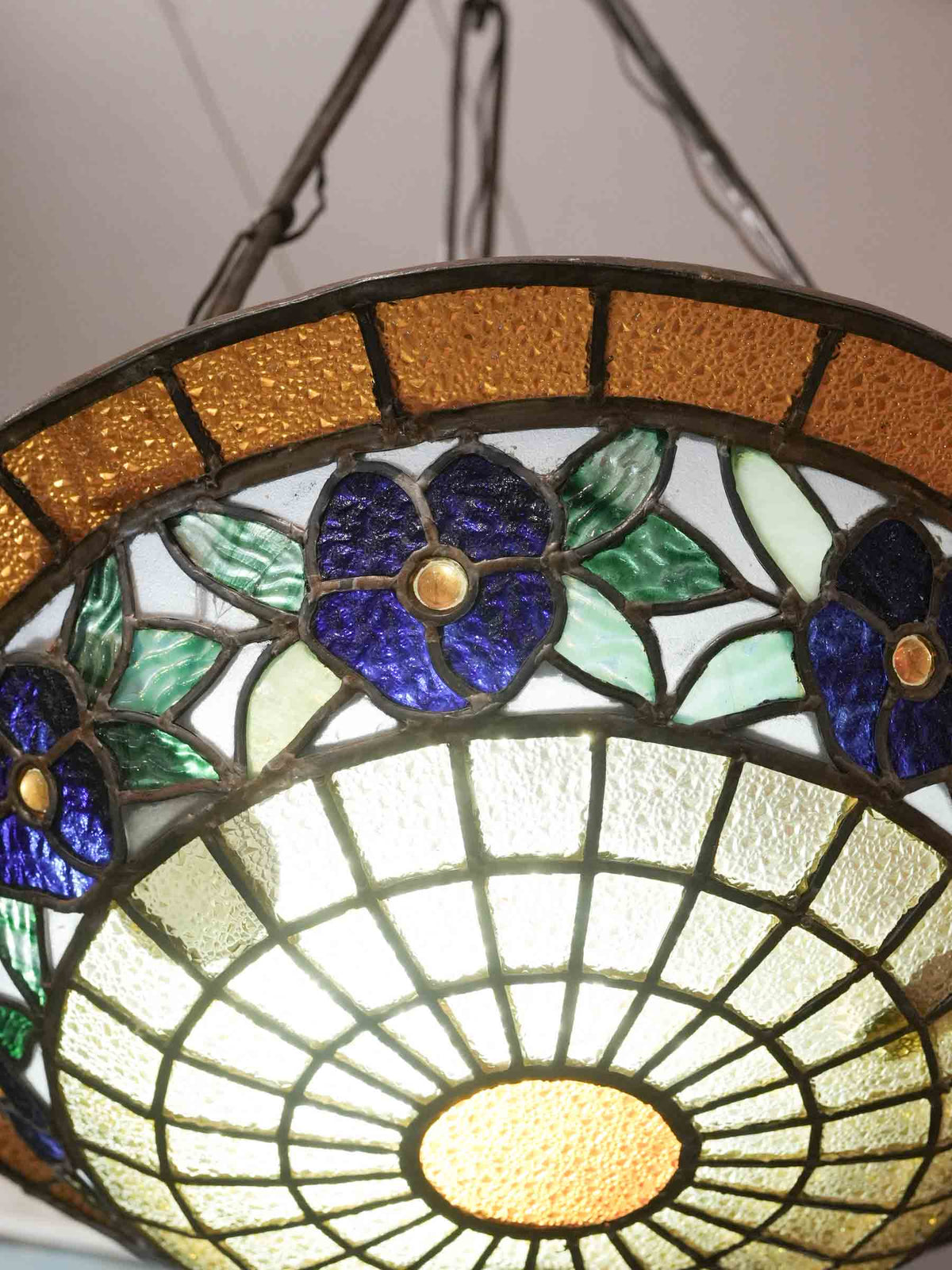 Early 20th-Century French Tiffany-Style Stained-Glass Pendant Light - 35¾"