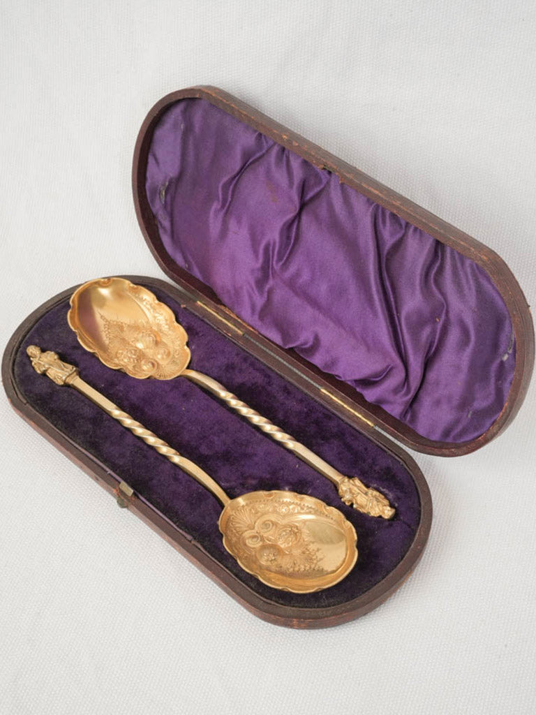 Set of Two Graceful Victorian Gilt Fruit Spoons w/ Apostle Finials