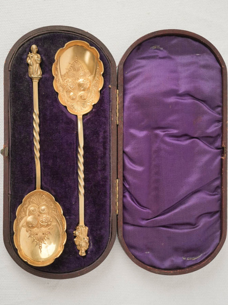Set of Two Graceful Victorian Gilt Fruit Spoons w/ Apostle Finials