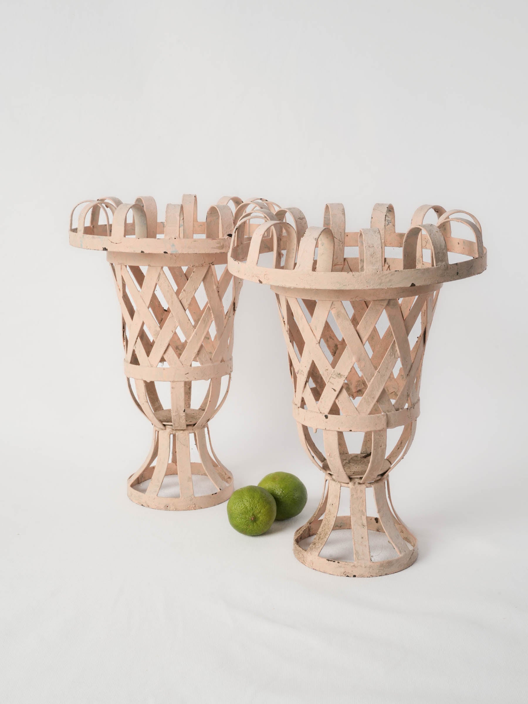 Pair of Small Médicis-Style Metal Lattice Cachepots in Soft Blush - 14¼"