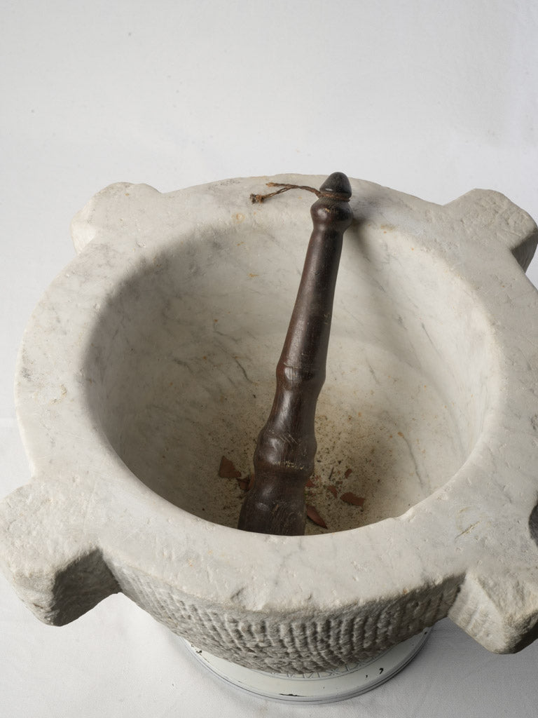Very Large Antique Marble Mortar w/ Wooden Pestle - 14½" x 24¾"