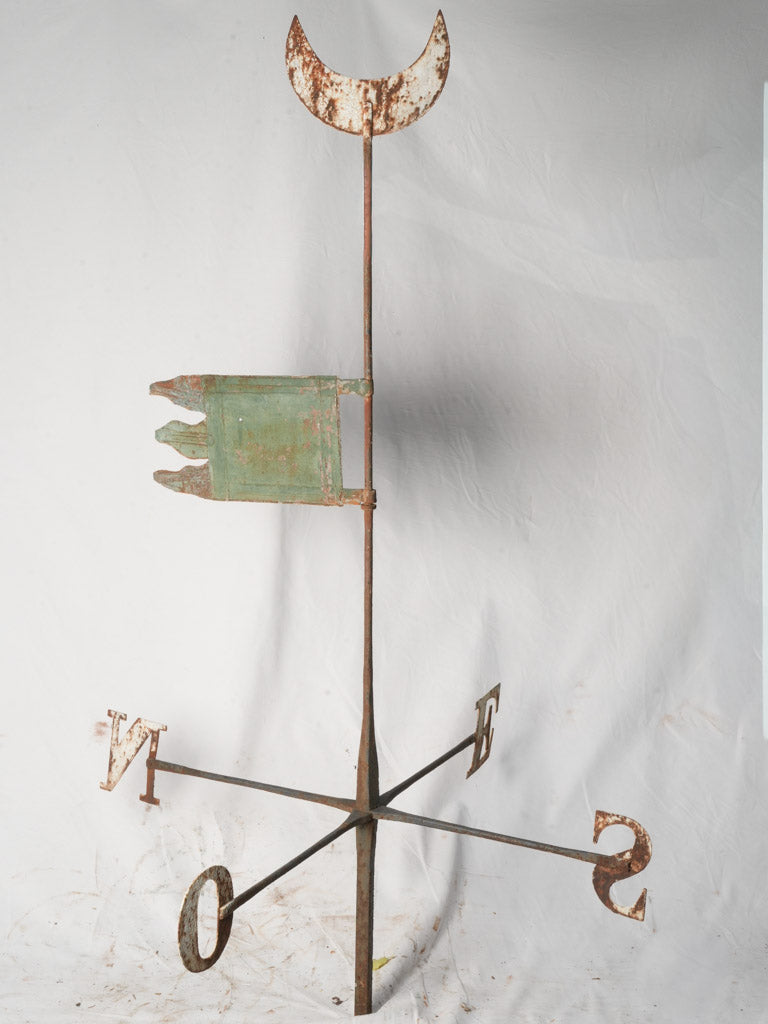 19th Century French Wrought Iron Weathervane w/ Flag and Crescent Moon - 81½"