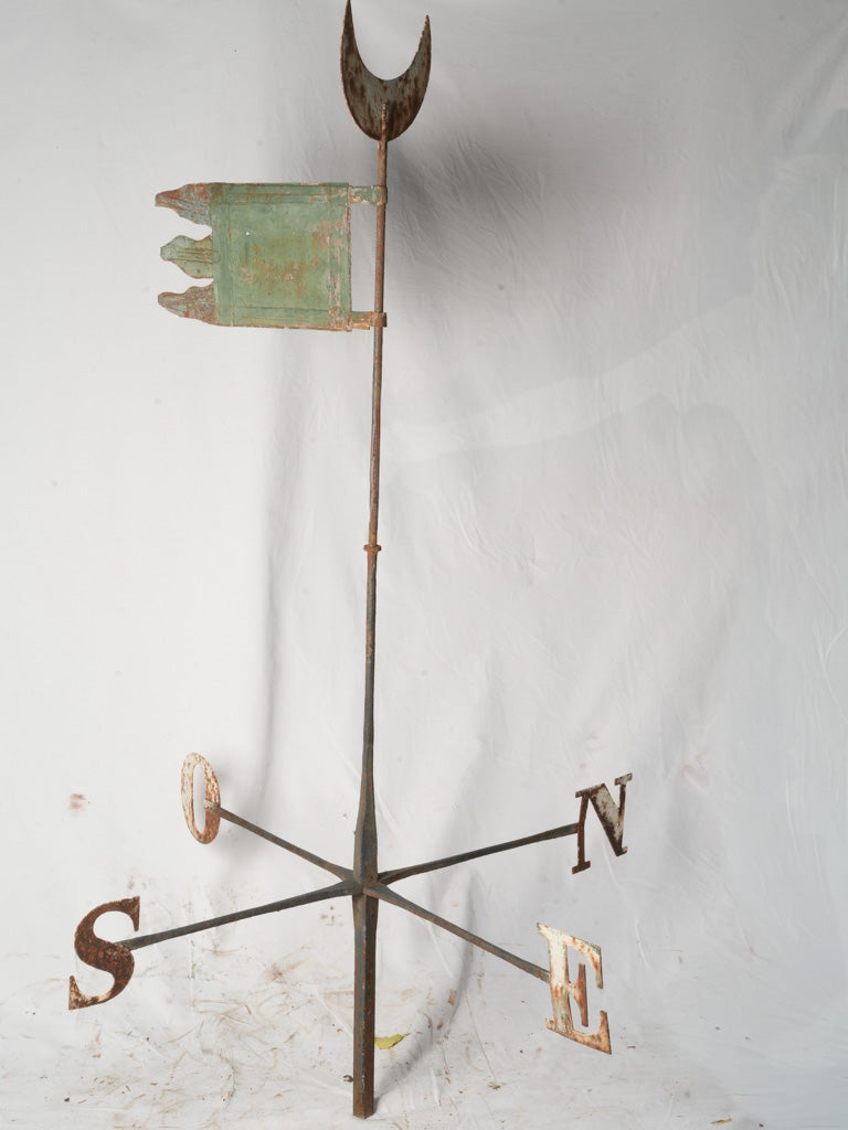 19th Century French Wrought Iron Weathervane w/ Flag and Crescent Moon - 81½"