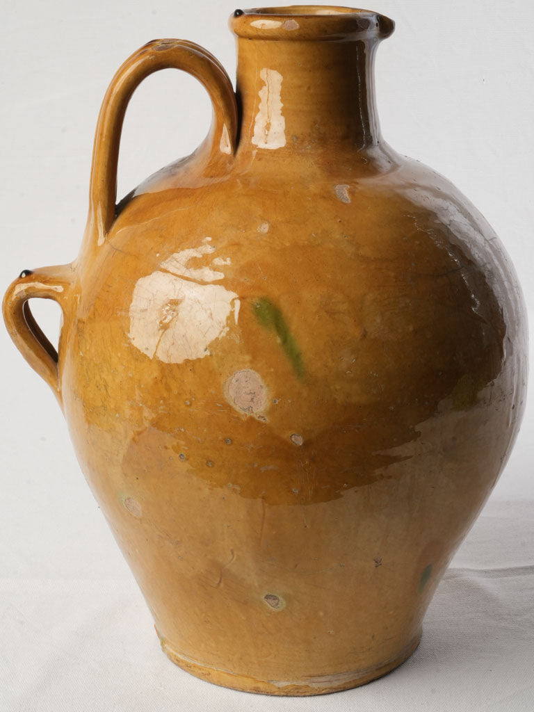 Sculptural Large Antique Glazed Jug w/ Vibrant Ocher Glaze - 17¾"