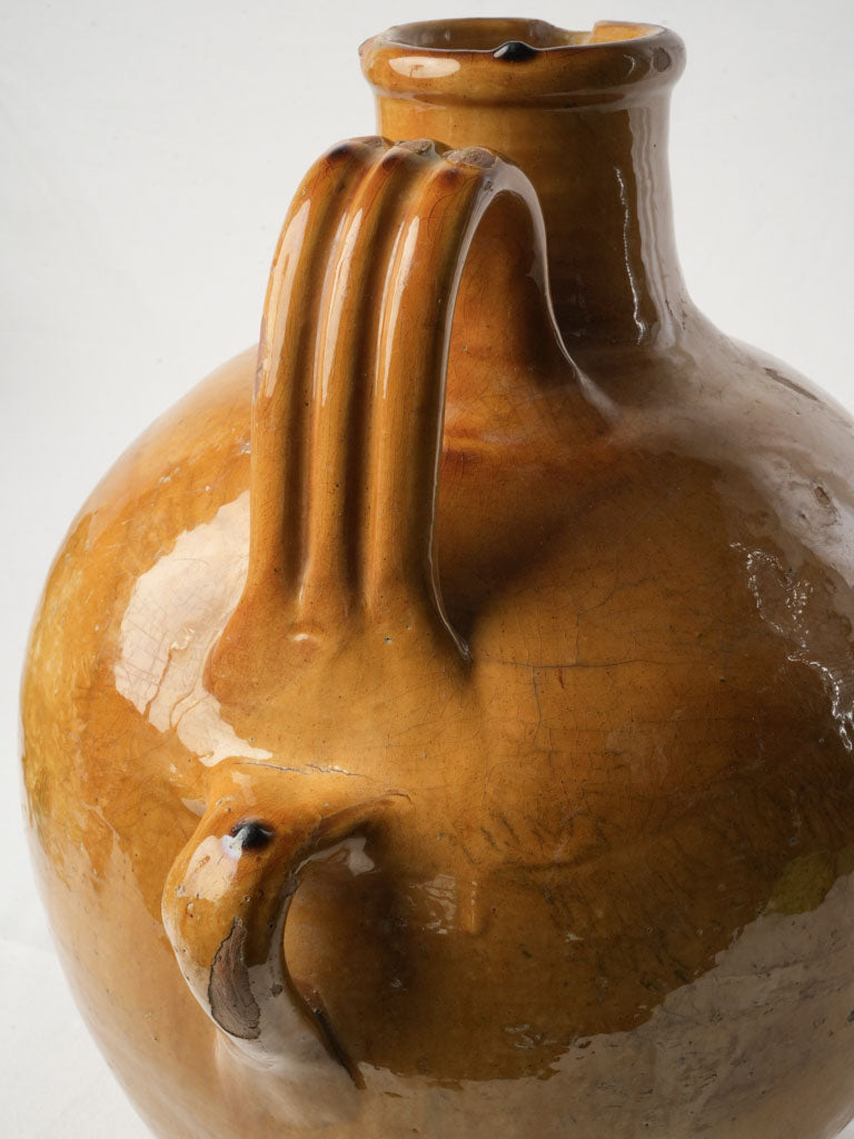 Sculptural Large Antique Glazed Jug w/ Vibrant Ocher Glaze - 17¾"