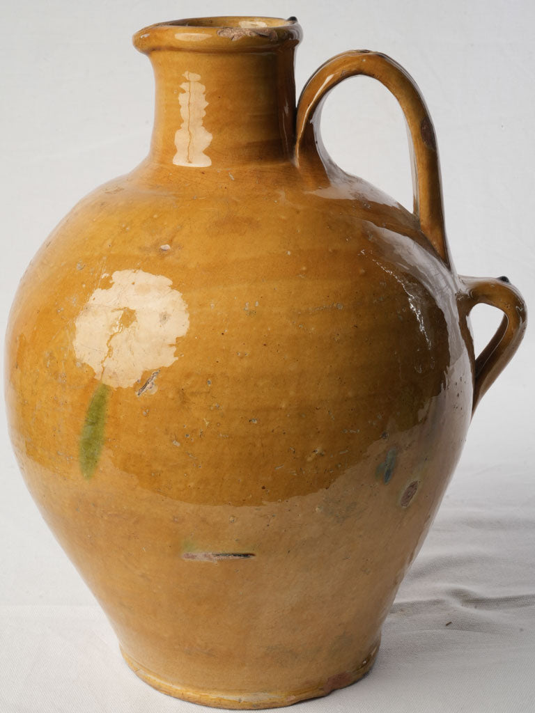 Sculptural Large Antique Glazed Jug w/ Vibrant Ocher Glaze - 17¾"