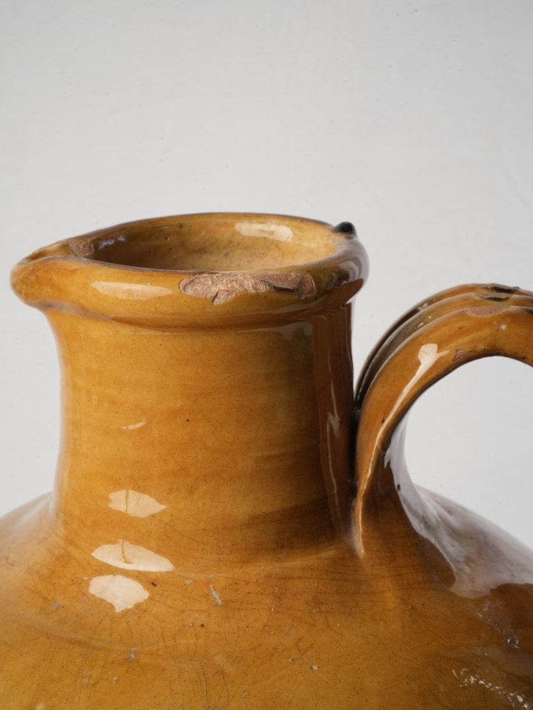Sculptural Large Antique Glazed Jug w/ Vibrant Ocher Glaze - 17¾"