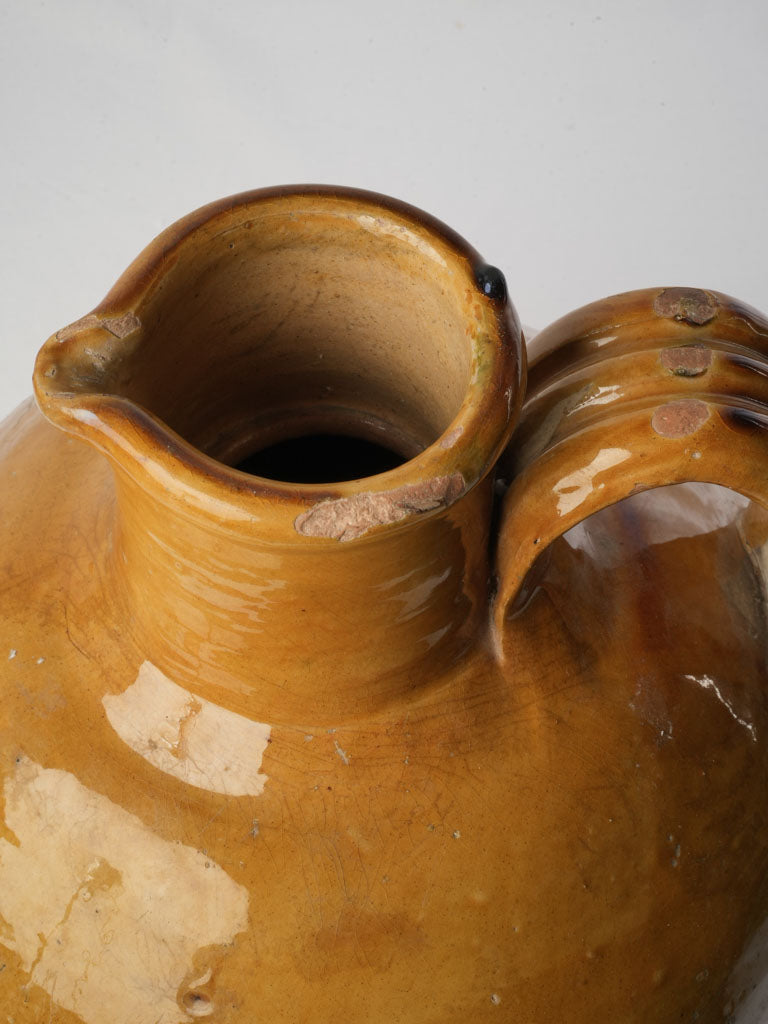 Sculptural Large Antique Glazed Jug w/ Vibrant Ocher Glaze - 17¾"