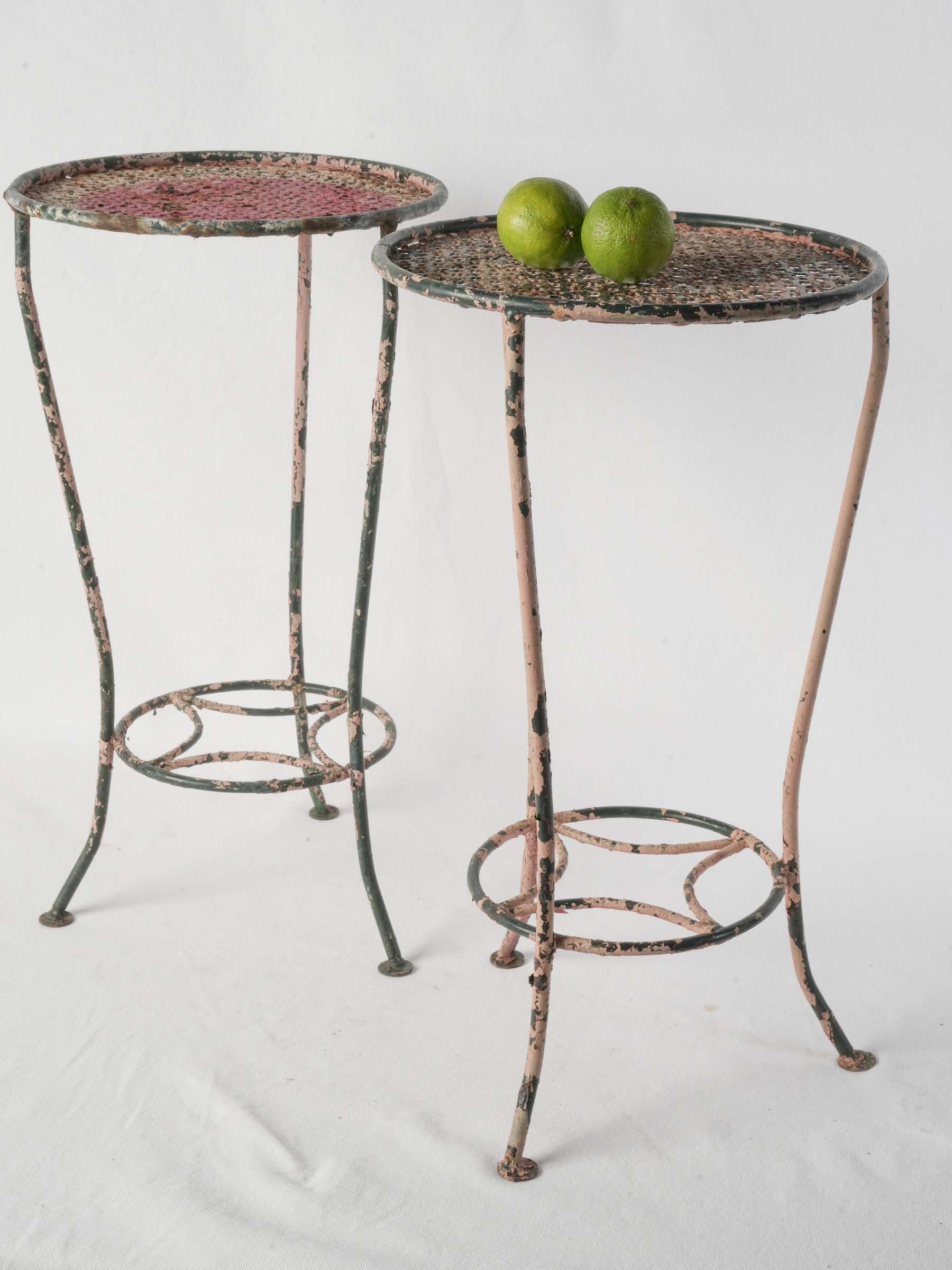 Pair of 1950s Painted Iron Pedestal Tables with Pierced Metal Tops - 22" x 12¼"