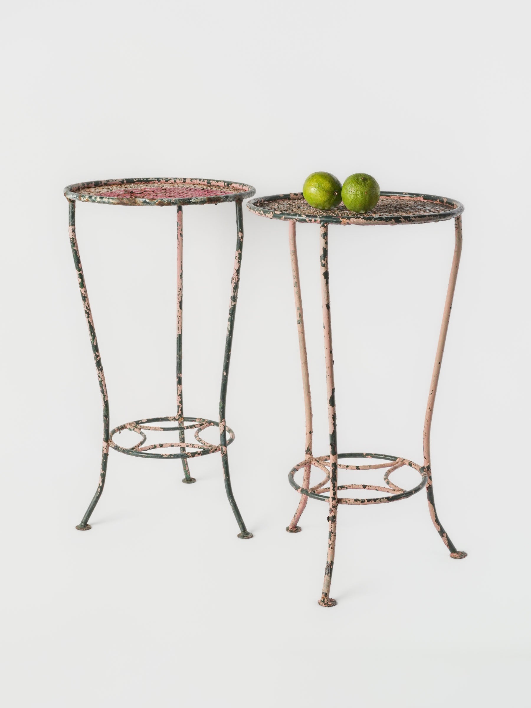 Pair of 1950s Painted Iron Pedestal Tables with Pierced Metal Tops - 22" x 12¼"