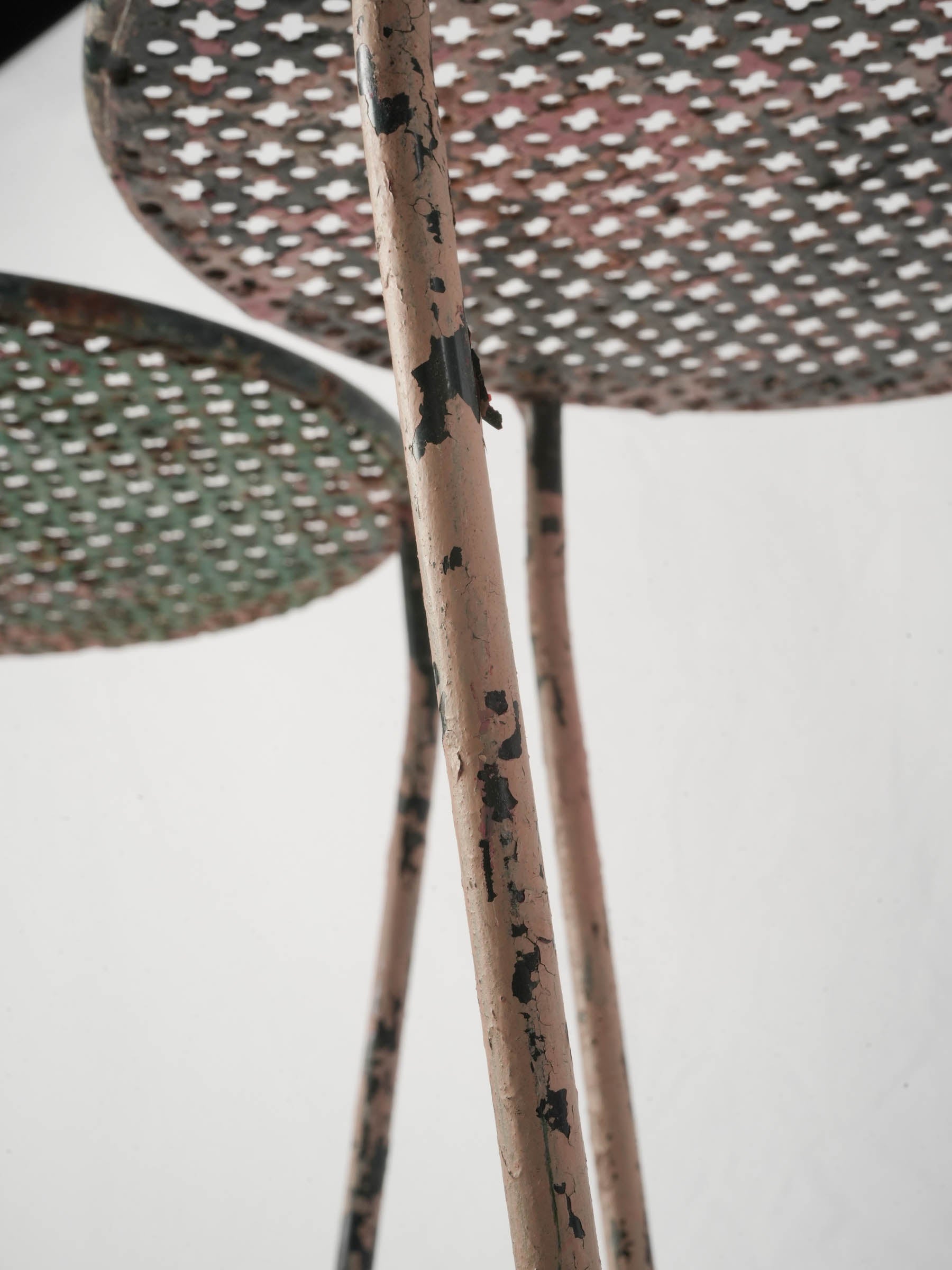 Pair of 1950s Painted Iron Pedestal Tables with Pierced Metal Tops - 22" x 12¼"
