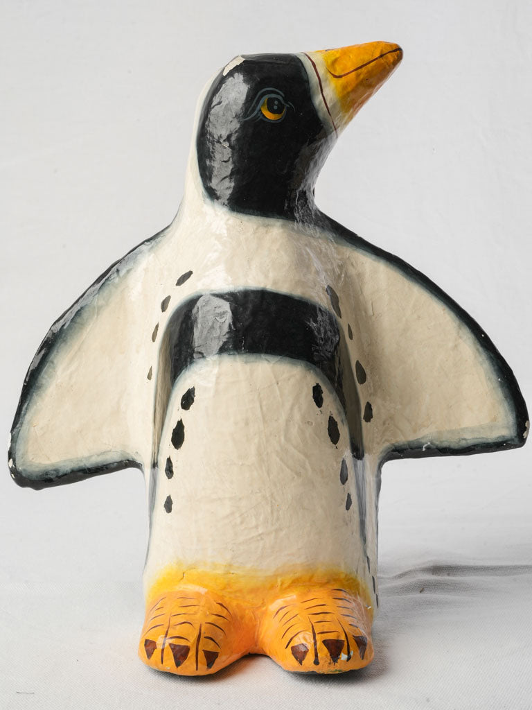 Singular Hand Painted Papier Mâché Penguin From the 60s - 13¾"