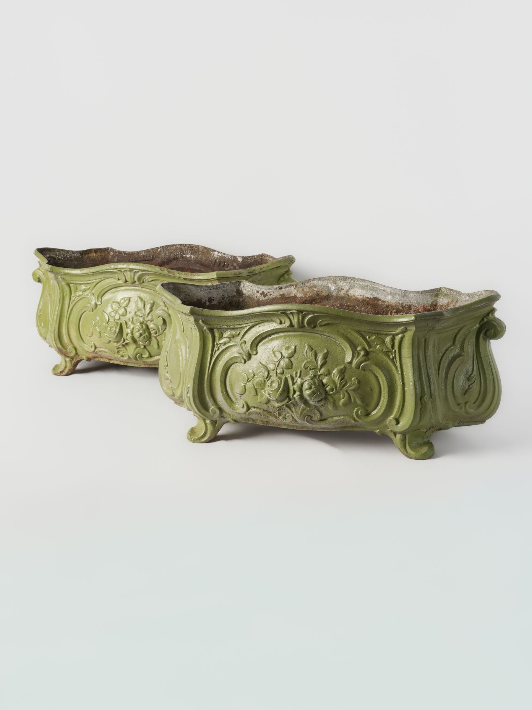 Pair of Antique French Cast Iron Planters w/ Later Painted Olive Green Finish - 22¾"
