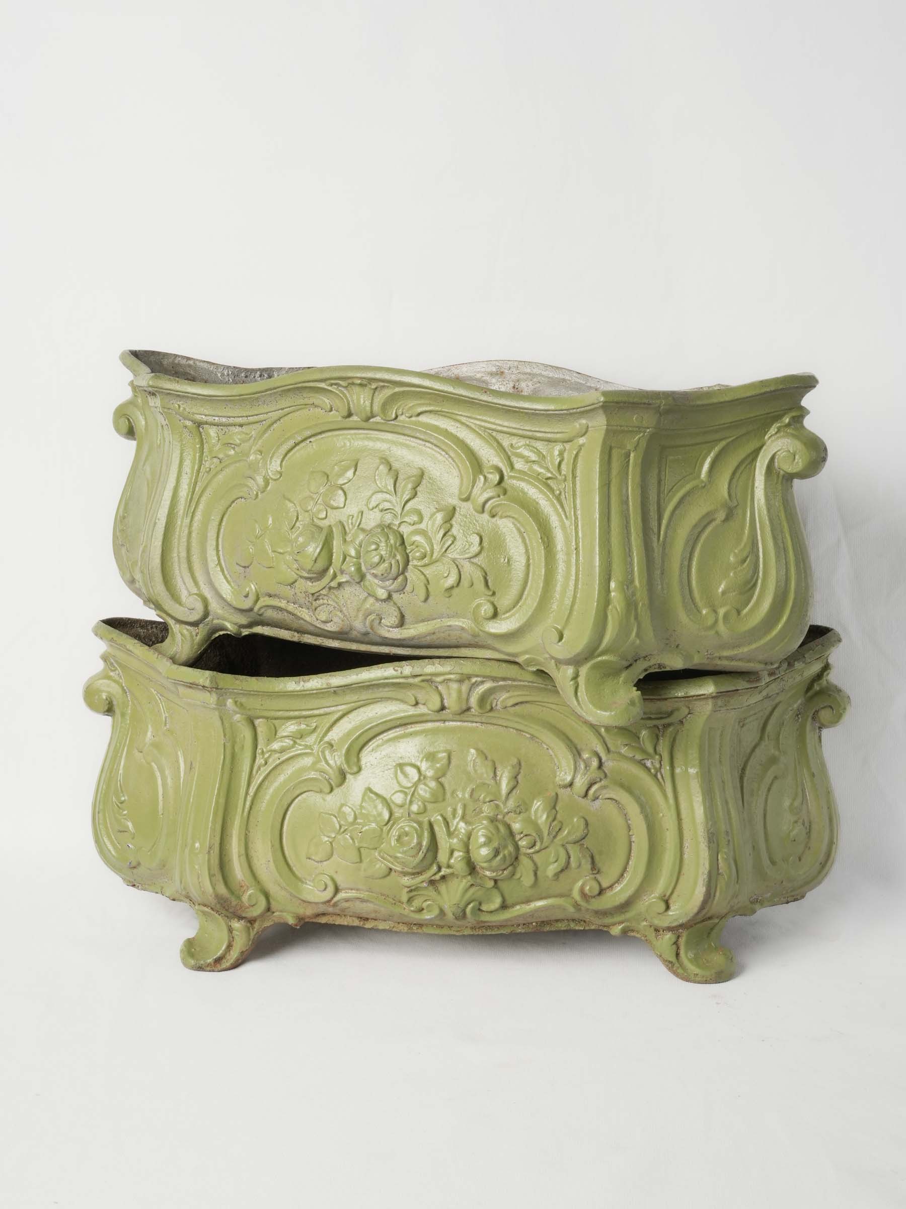 Pair of Antique French Cast Iron Planters w/ Later Painted Olive Green Finish - 22¾"