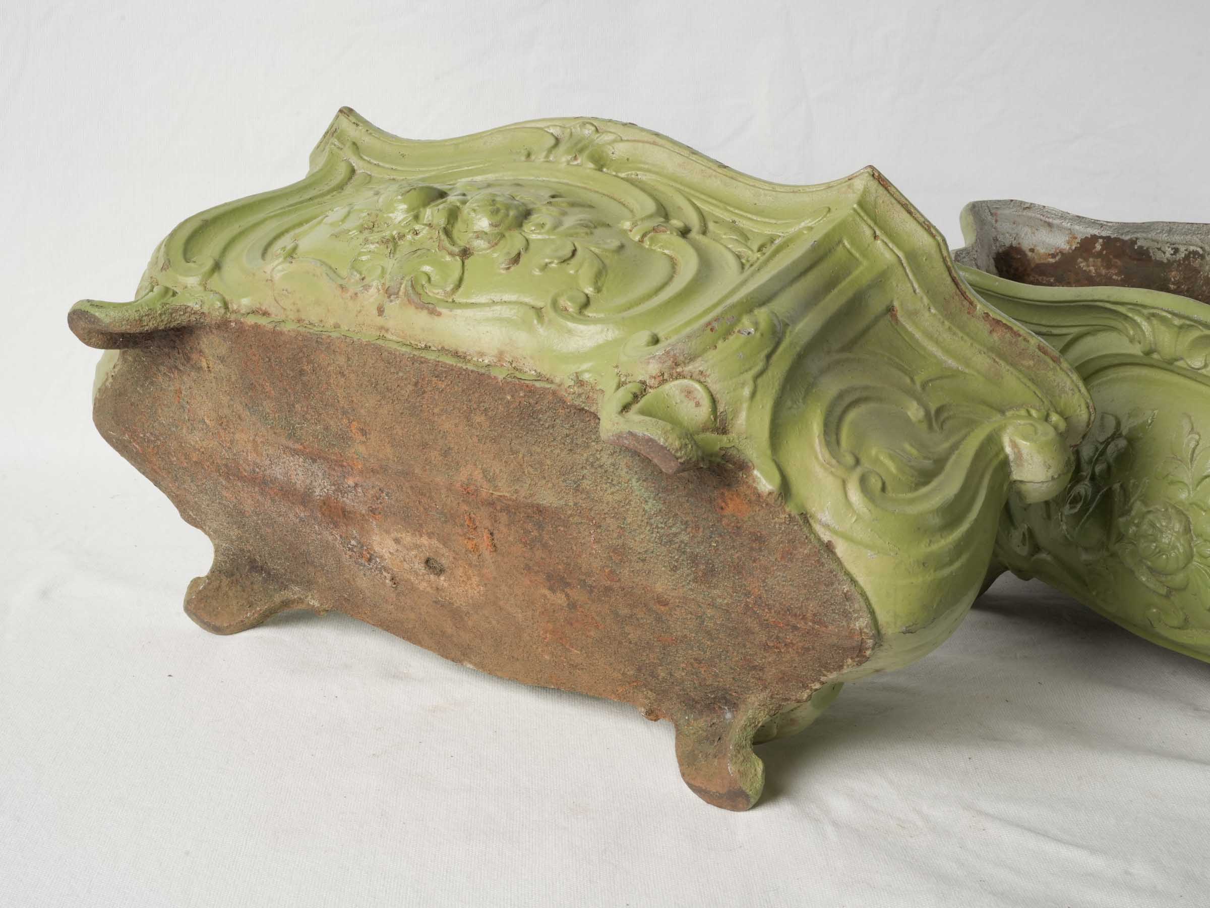 Pair of Antique French Cast Iron Planters w/ Later Painted Olive Green Finish - 22¾"