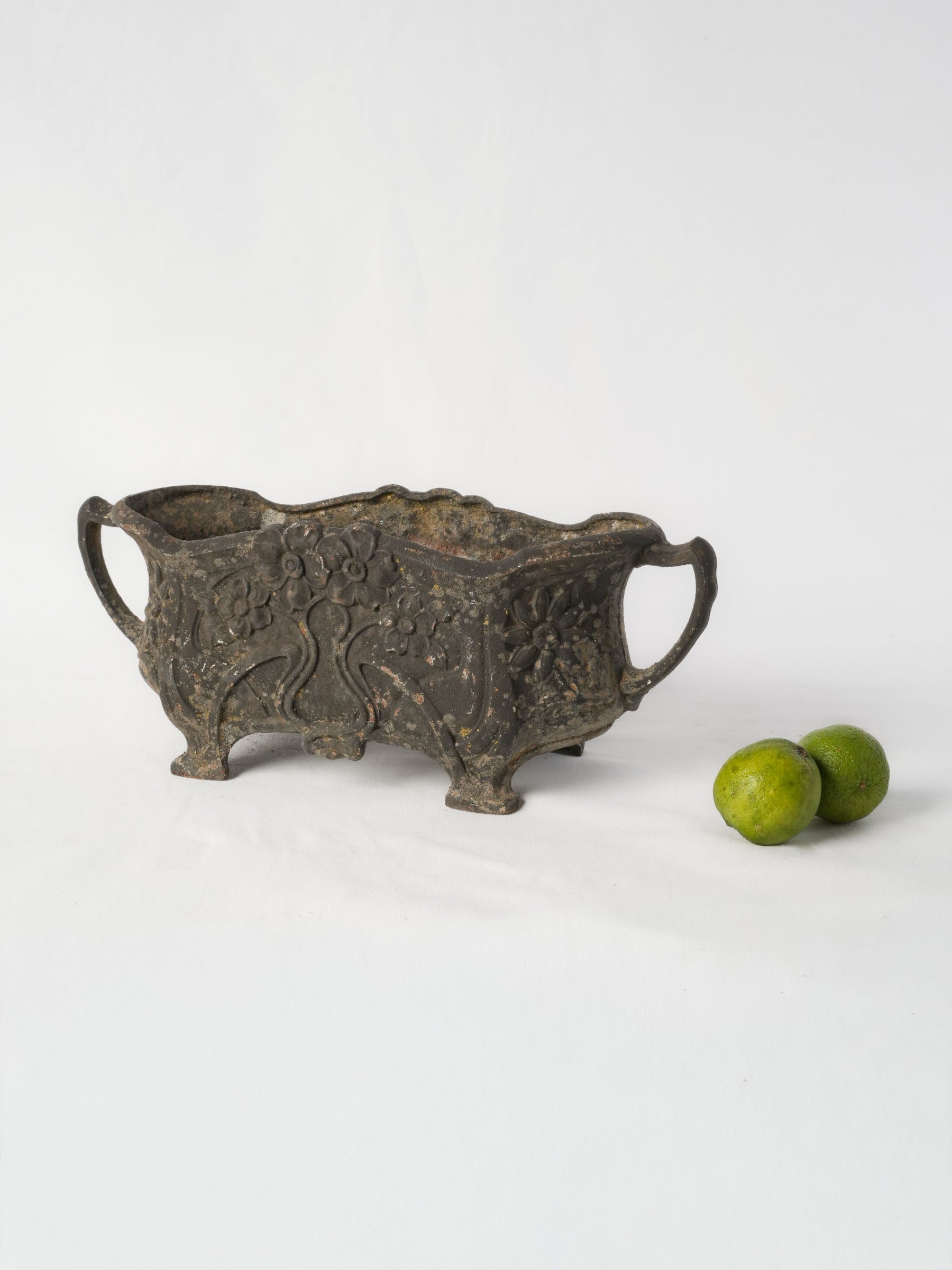 Small Art Nouveau Cast Iron Jardinière w/ Floral Relief and Rich Aged Patina - 16¼"