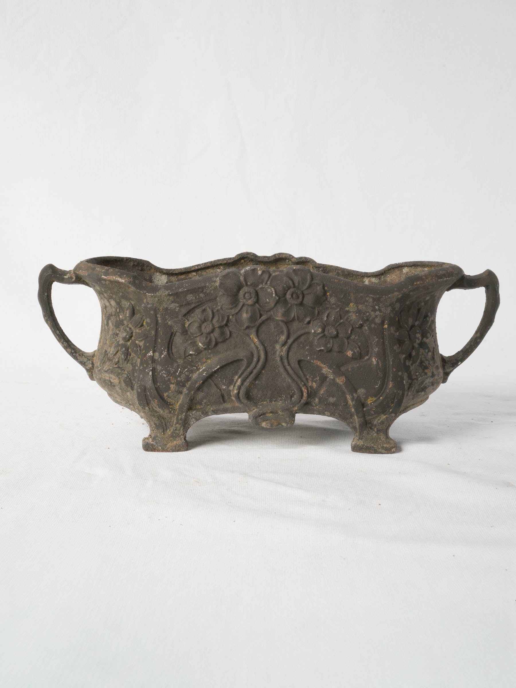 Small Art Nouveau Cast Iron Jardinière w/ Floral Relief and Rich Aged Patina - 16¼"