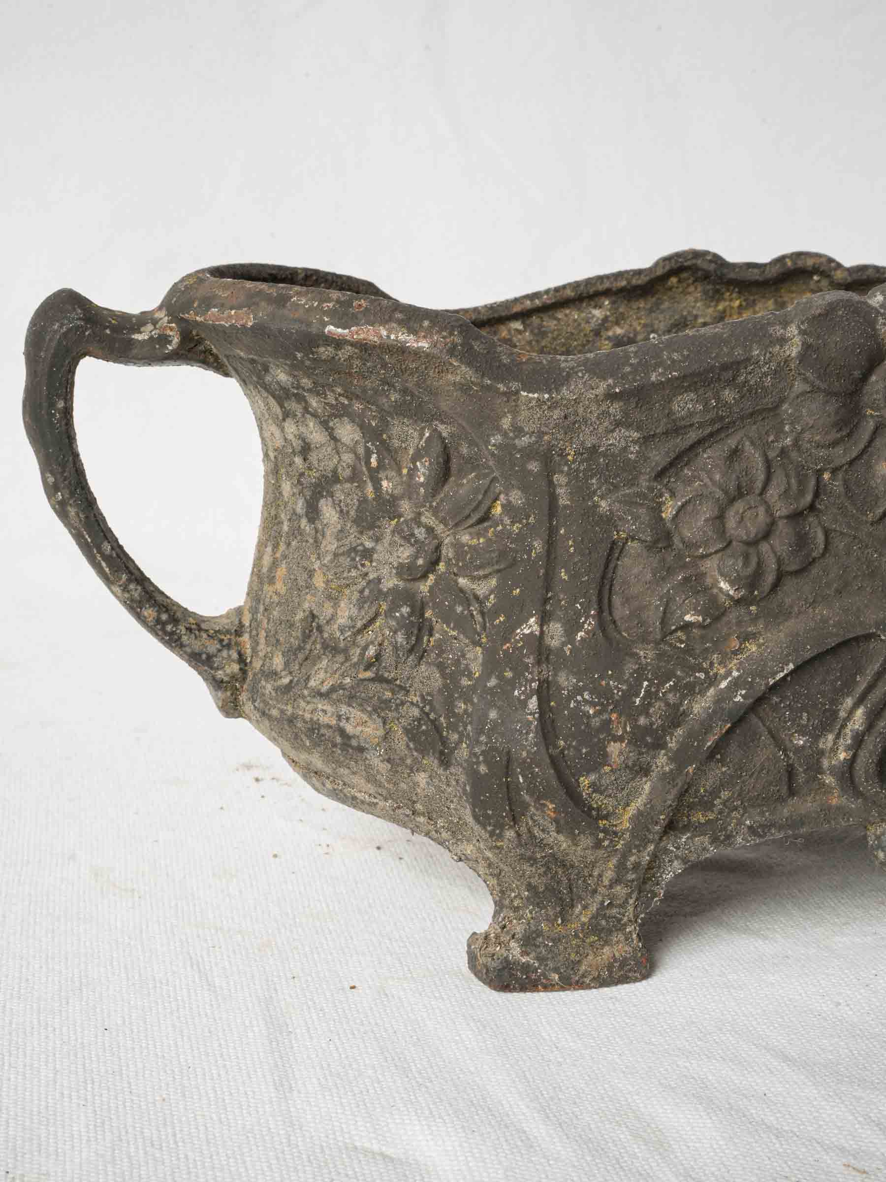 Small Art Nouveau Cast Iron Jardinière w/ Floral Relief and Rich Aged Patina - 16¼"