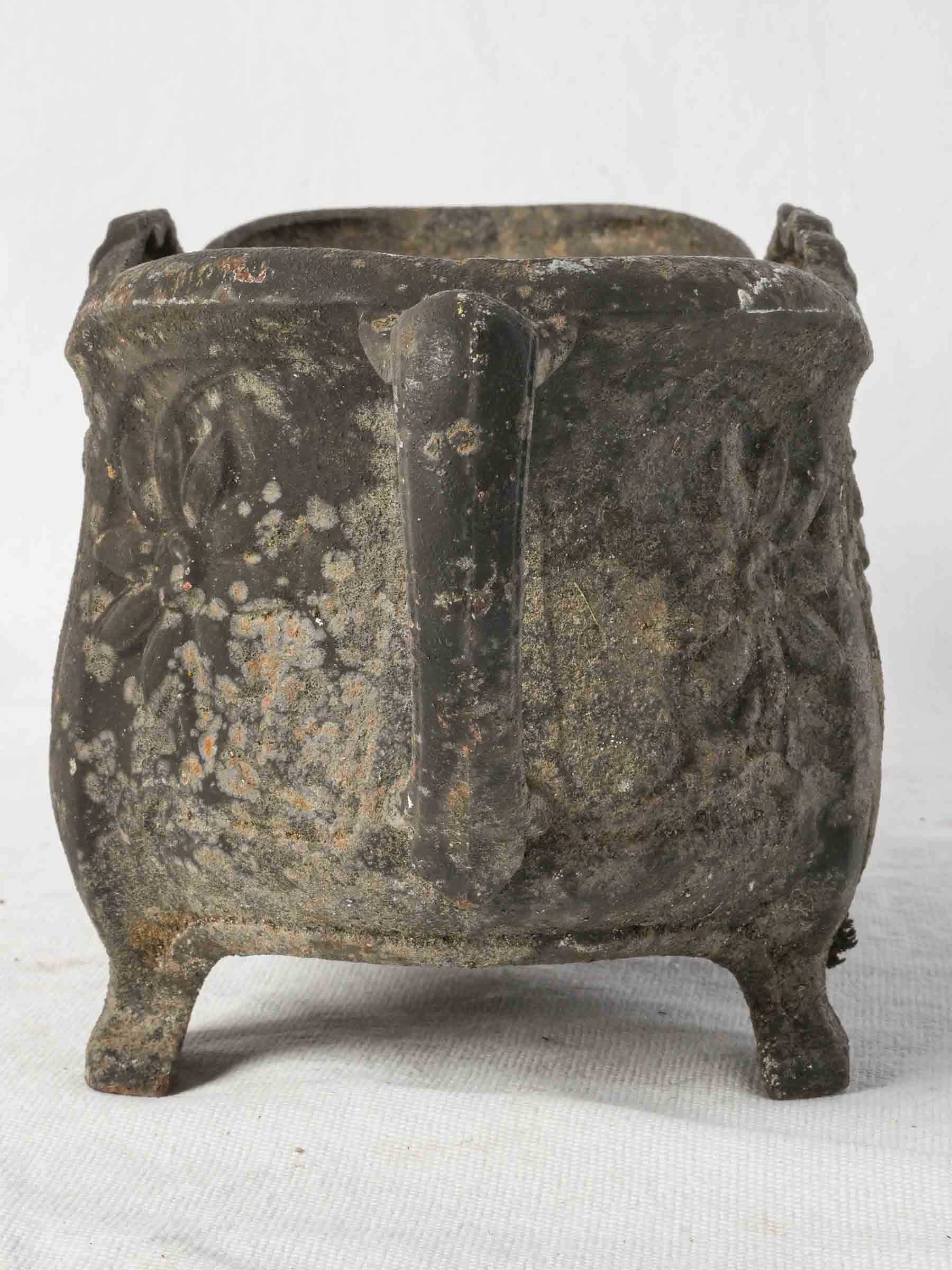 Small Art Nouveau Cast Iron Jardinière w/ Floral Relief and Rich Aged Patina - 16¼"