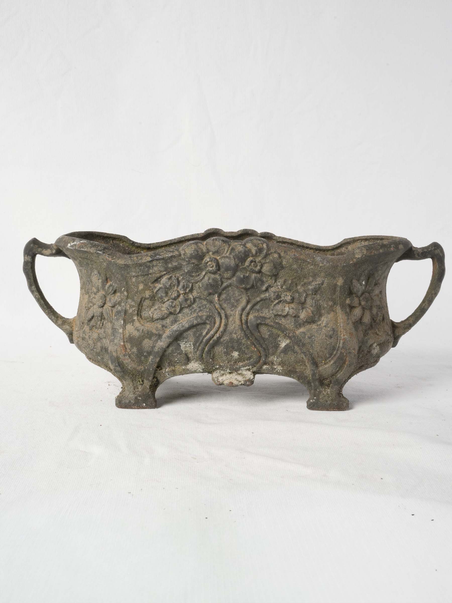 Small Art Nouveau Cast Iron Jardinière w/ Floral Relief and Rich Aged Patina - 16¼"