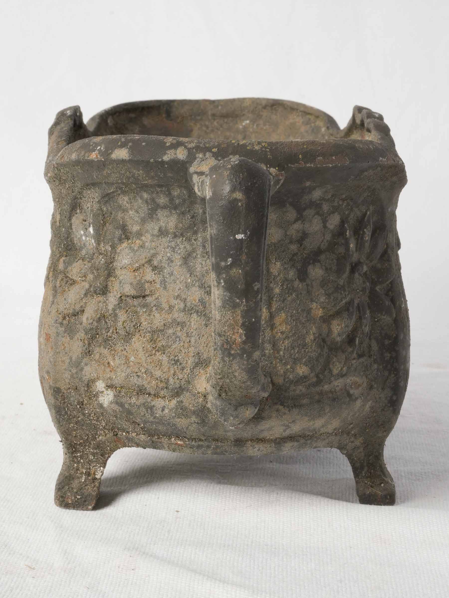 Small Art Nouveau Cast Iron Jardinière w/ Floral Relief and Rich Aged Patina - 16¼"