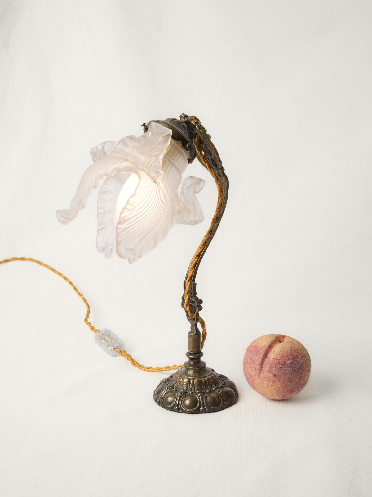 Petite Art Nouveau Brass Lamp w/ Frosted Glass Flower Shade - 5½"