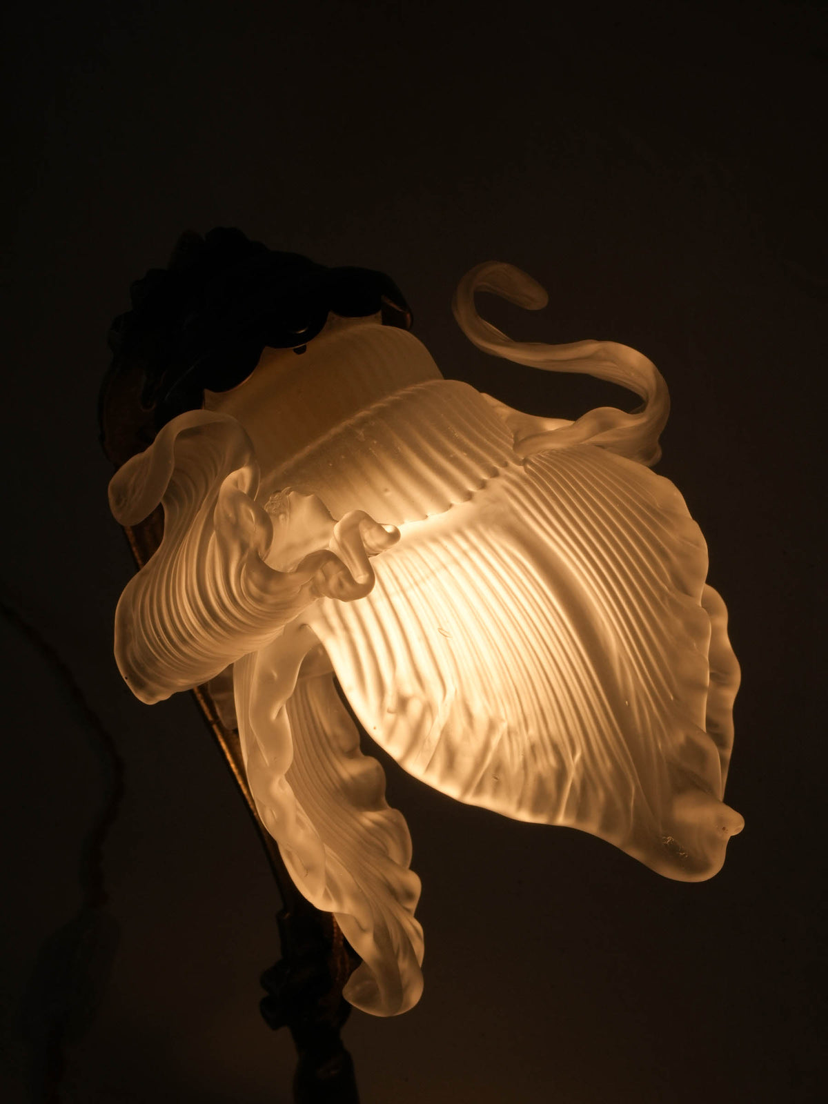 Petite Art Nouveau Brass Lamp w/ Frosted Glass Flower Shade - 5½"