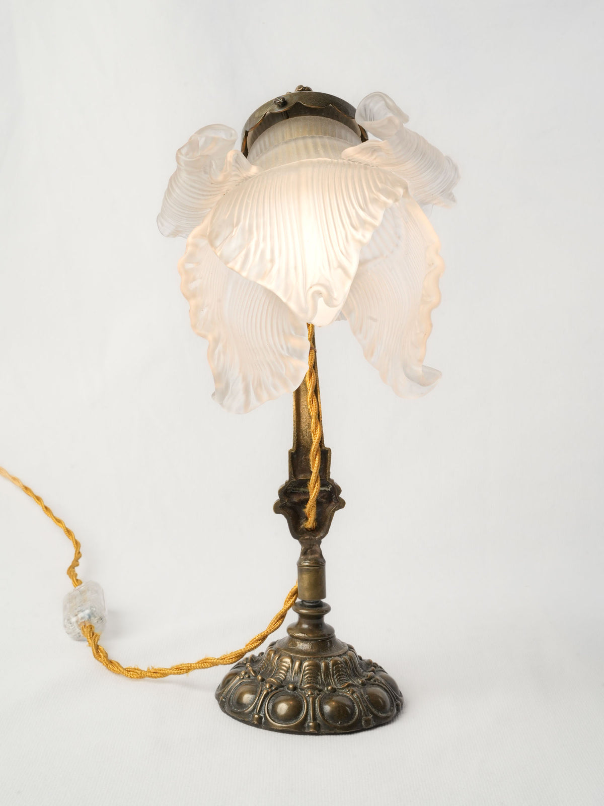 Petite Art Nouveau Brass Lamp w/ Frosted Glass Flower Shade - 5½"