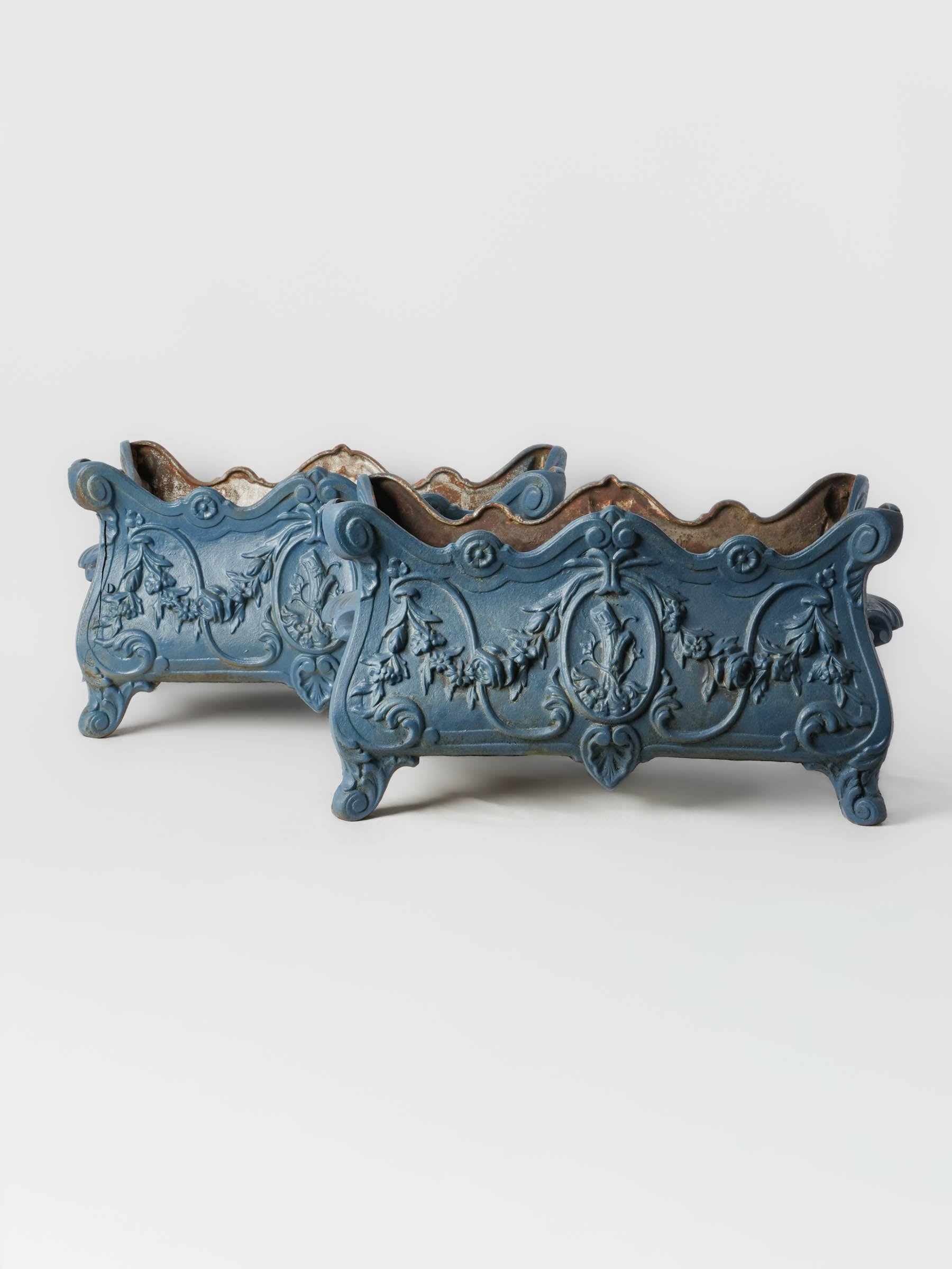 Pair of Antique French Cast Iron Planters w/ Later Bright Blue Painted Finish - 22½"