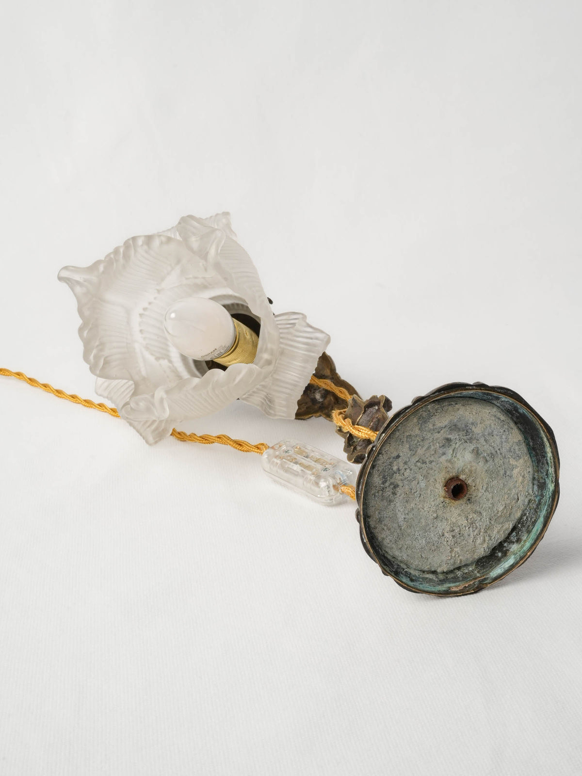 Petite Art Nouveau Brass Lamp w/ Frosted Glass Flower Shade - 5½"