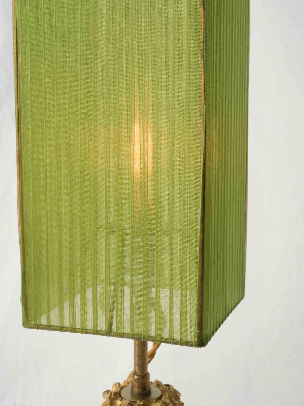 Enchanting Pair of Antique Ormolu Candlesticks Converted into Lamps w/ Peridot Organza Shades - 22"