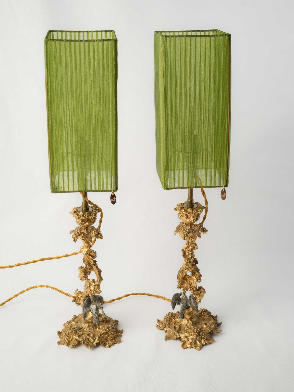 Enchanting Pair of Antique Ormolu Candlesticks Converted into Lamps w/ Peridot Organza Shades - 22"