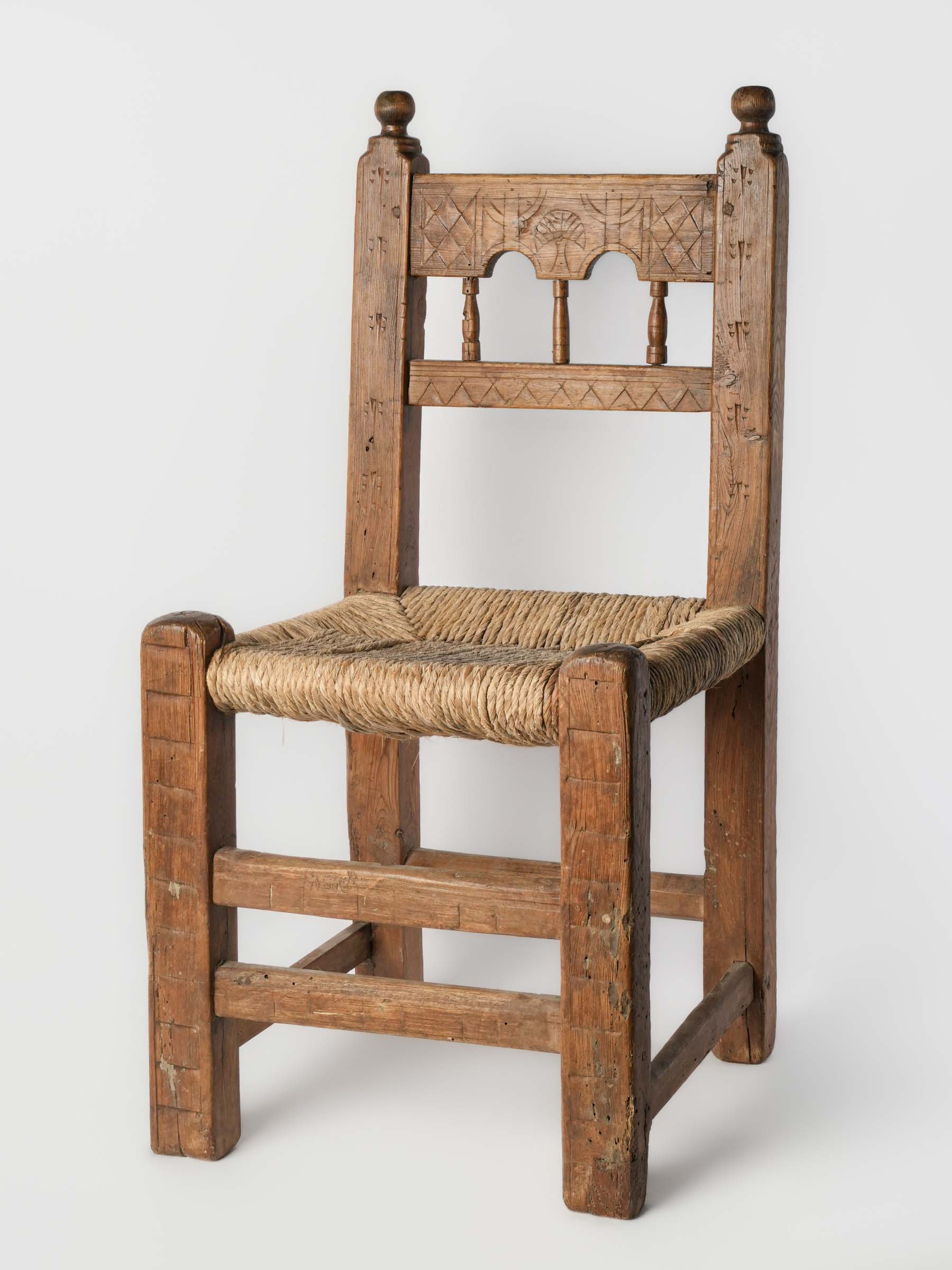 Early 20th-Century Hand-Carved Rustic Chair w/ Rush Seat -35¾"