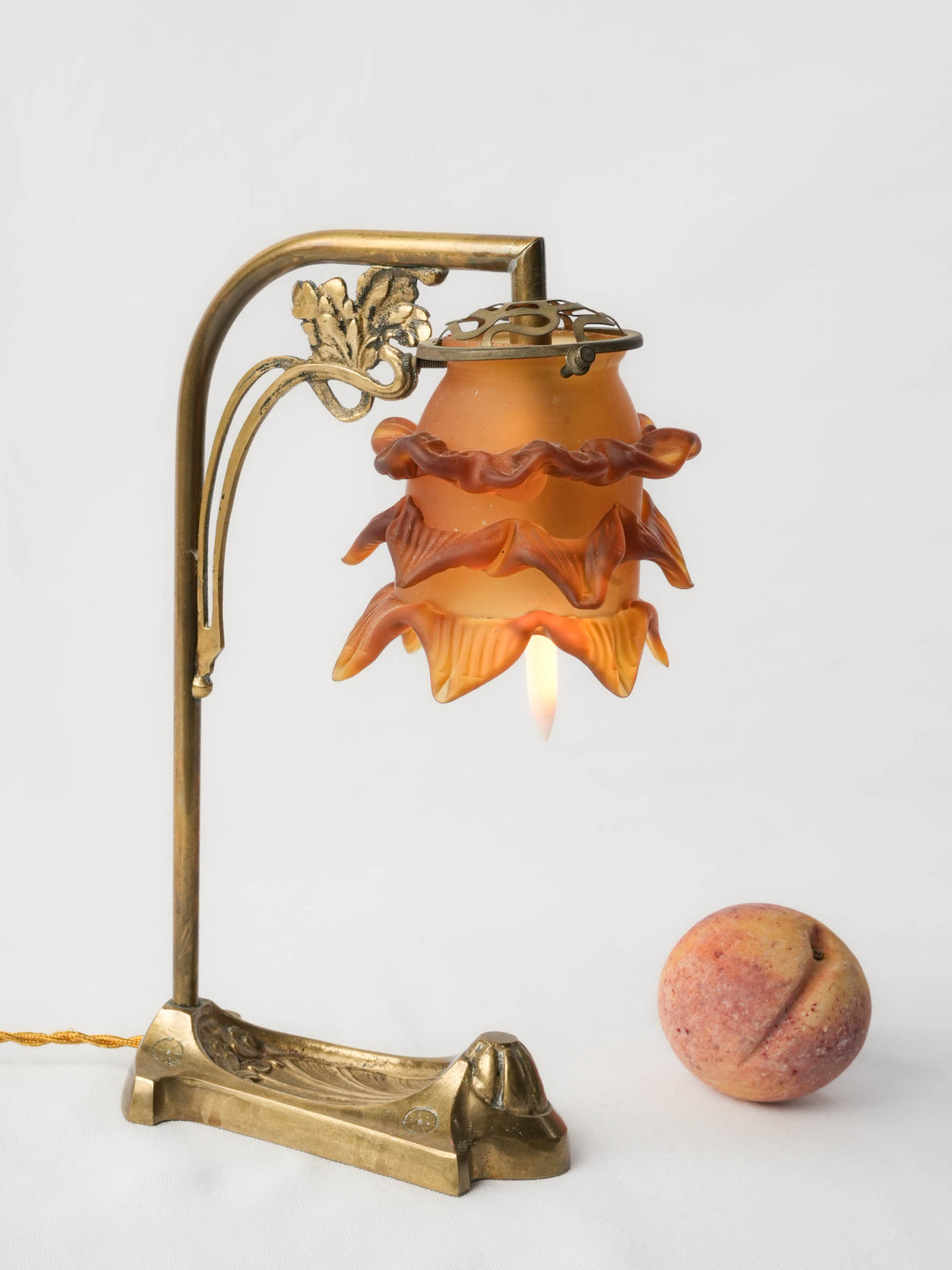 Art Nouveau Brass Table Lamp w/ Pâte-de-Verre Flower Shade - 12¼"