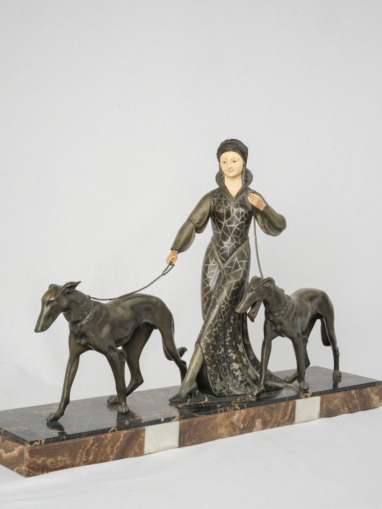Art Deco Sculpture of Woman walking with Greyhounds -29½"