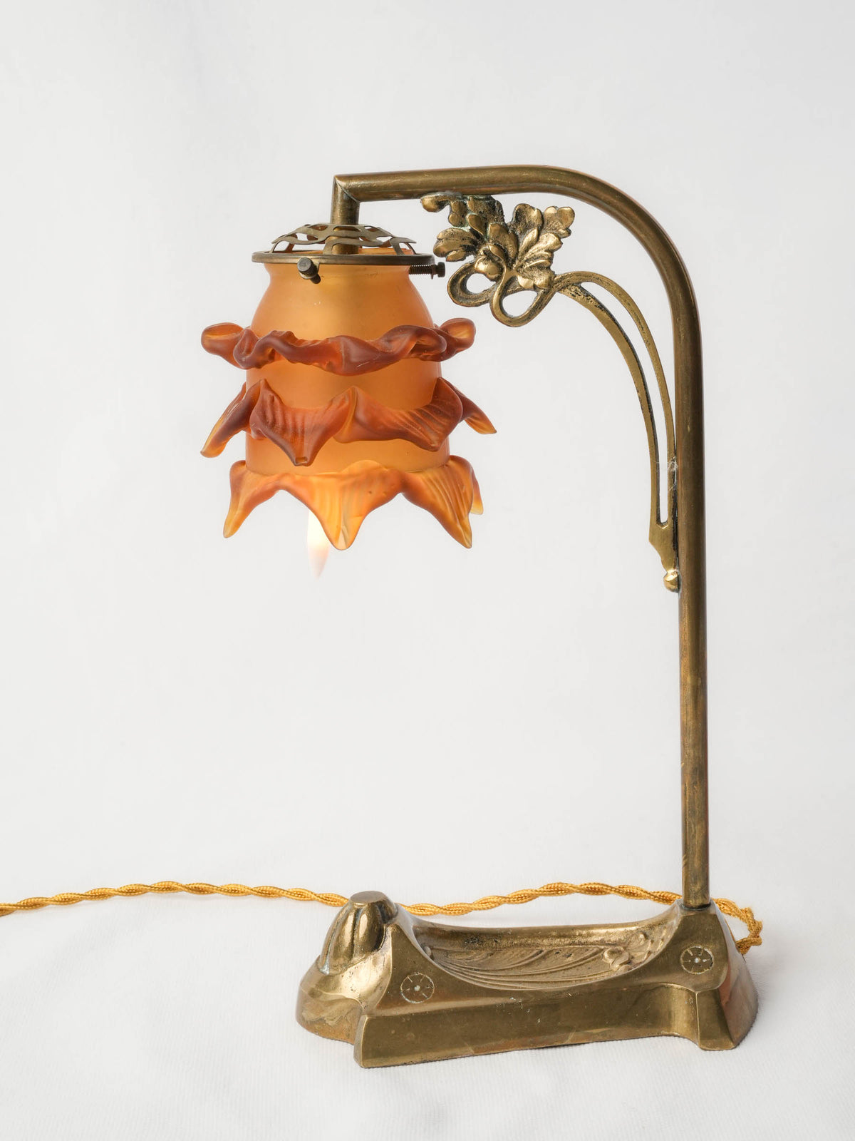 Art Nouveau Brass Table Lamp w/ Pâte-de-Verre Flower Shade - 12¼"