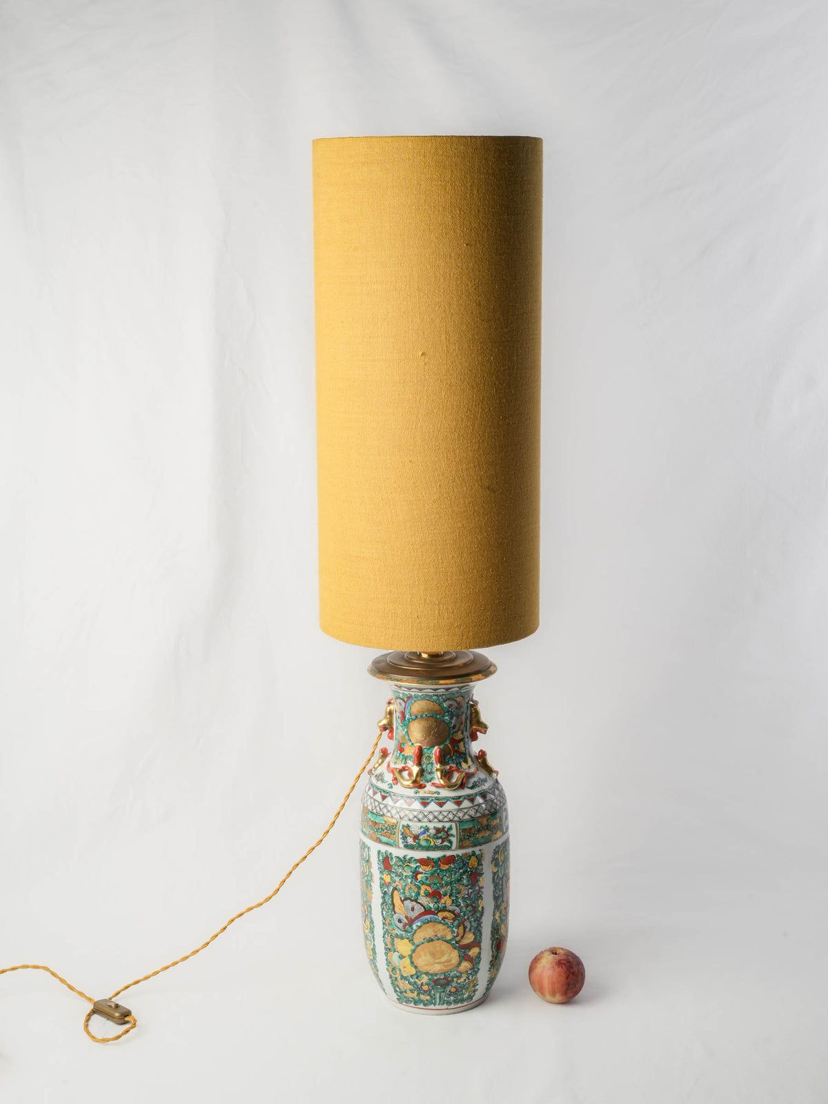 Tall Table Lamp w/ Chinese Ceramic Vessel and Custom Ochre Linen Shade - 44"