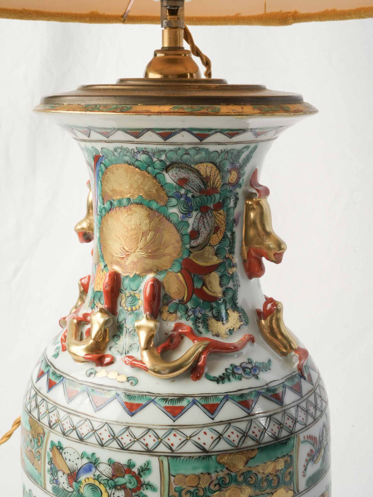 Tall Table Lamp w/ Chinese Ceramic Vessel and Custom Ochre Linen Shade - 44"