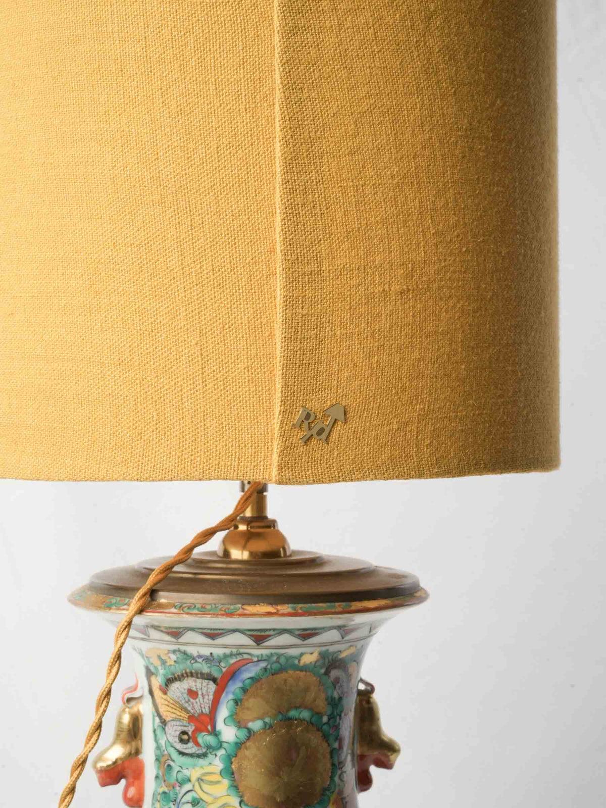 Tall Table Lamp w/ Chinese Ceramic Vessel and Custom Ochre Linen Shade - 44"